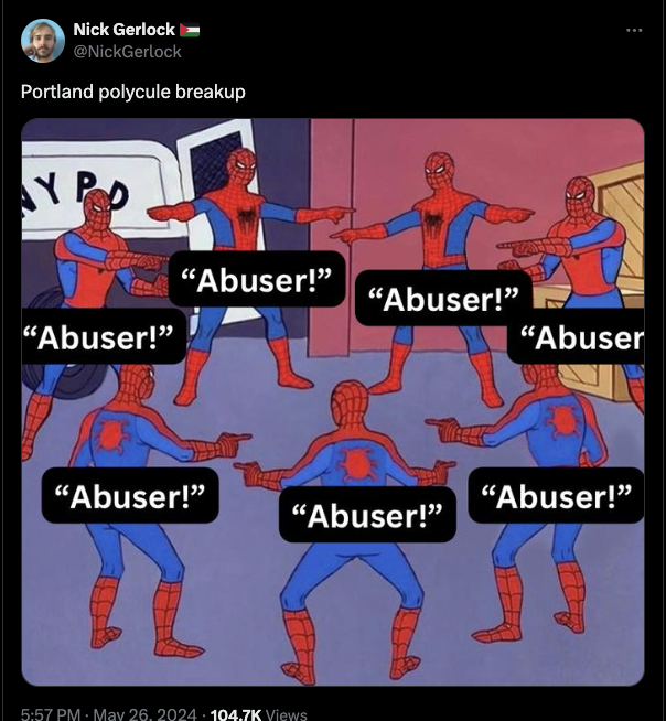 spiderman meme - Nick Gerlock Portland polycule breakup Y Po "Abuser!" "Abuser!" "Abuser!" "Abuser "Abuser!" "Abuser!" "Abuser!" Views